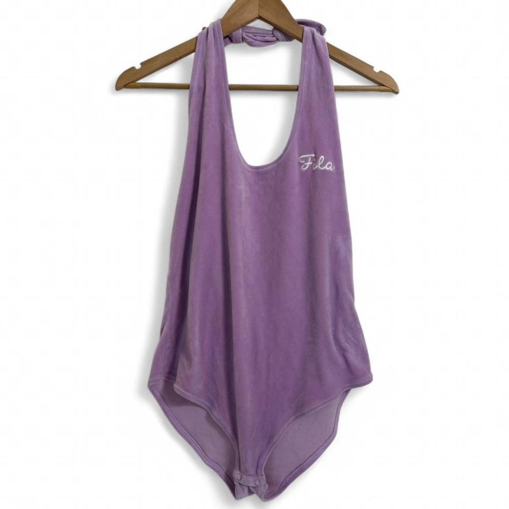 Fila Bodysuit Purple Velour Halter Neck Size L